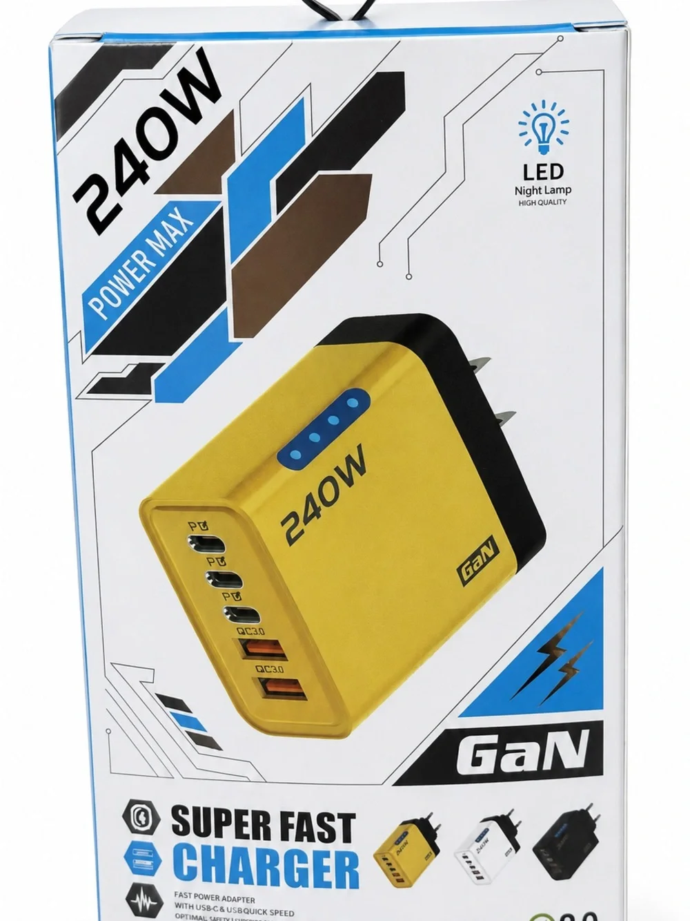 240W Yellow Super Fast Charger - 4-Port USB PD/QC